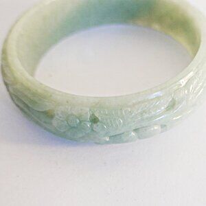 Chinese Green Carved Jade Bangle Bracelet  with Lotus Flowers Sterling